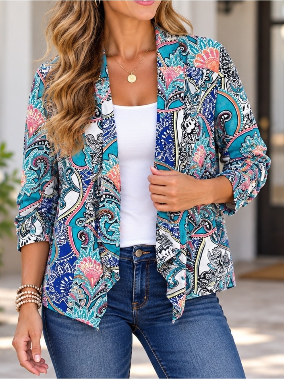 Chicos Linen Jacket Womens 3 US XL Blue Paisley Open Front 3/4 Sleeves Lagenlook